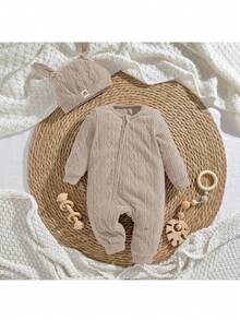 Loomiva Newborn Baby Girl Decorative Woven Label Soft Knit Round Neck Long Sleeve Jumpsuit & Hat 2 Pieces Set - Apricot - View 2