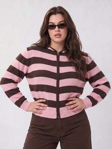 Solavibe Plus Size Light Pink Zip‑Up Hooded Knit Cardigan, Campus Daily Wear, Autumn, Back To School Formal Date Night Going Out Y2k 90s 1960s - Pink - View 11