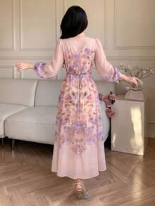 Modelyn Summer Fashion Round Neck Long Sleeve Chiffon Placement Print Fitted Flared Dress Date Night Bridal Party Wedding Dusty Pink Wedding Elegant - Multicolor - View 3
