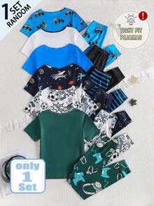 [Random 1 Set]Tight Fit Pajama Tween Boys Set, Fashion Sports Soccer Print, Casual Comfortable Tight-Fitting Glow-In-The-Dark Home Sleepwear, Short Sleeve Long Pants 2-Piece Set - Multicolor - View 2