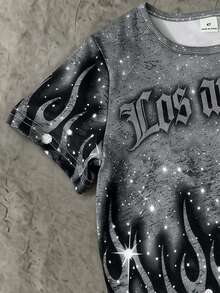 Boys' Summer Fashion New Dark Grey Flame Rhinestone Print Short Sleeve + Shorts Set, Suitable For Spring And Summer Wear - Multicolor - View 6