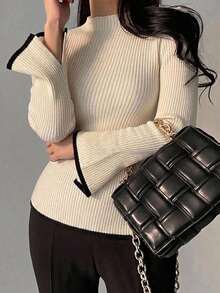 Dazy Plus Plus Size Colorblock Patchwork Flared Sleeve Split Hem Fitted High Neck Casual Sweater For Autumn/Winter - Apricot - View 1
