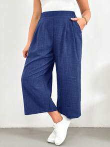 SHEIN Essnce Plus Size Women's Solid Color Pleated Pocket Wide Leg Cropped Pants - Royal Blue - View 6