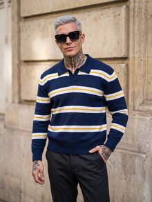 Manfinity LEGND Men's Colorblock Striped Pattern Casual Versatile Daily Wear Sweater, Old Money - Blue - View 4