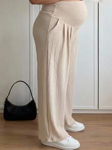 Plussiva Plus Size Maternity Casual Loose Colorblock Patchwork Long Pants - Khaki - View 2