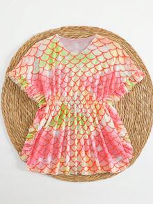 SHEIN 女童漸層魚鱗印花網布罩衫，荷葉邊短袖收腰海灘外穿裙，美人魚風兒童度假防曬罩衫洋裝，時尚休閒精緻款，適合游泳、夏季度假、海灘、海邊、泳池、夏季假期派對 - 彩色 - 查看 3