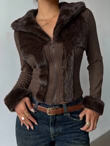 Aloruh Women's Autumn/Winter Faux Fur Patchwork Design Fur Collar Y2K New Retro Street Fashion Jacket - Coffee Brown - View 7