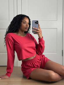 SHEIN Core Rhythm Kaos Olahraga Ukuran Besar Warna Merah dengan Bagian Belakang Berongga, Potongan Longgar, Cocok untuk Aktivitas Gym di Musim Gugur, Alternatif Gym Tropis - Merah - View 4