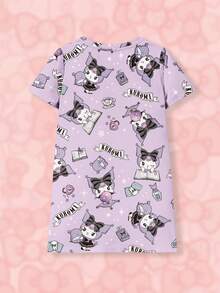 HELLO KITTY AND FRIENDS | SHEIN 年轻女孩夏季休闲可爱卡通字母图案短袖连衣裙 - 白色 - 查看 2
