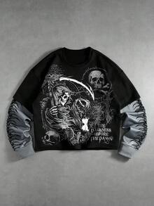 ROMWE MEN Men's Skull Print 2 In 1 Long Sleeve T-Shirt - Black - View 1