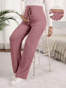 SHEIN Maternity Solid Color Adjustable Waist Straight Leg Pants - Dusty Pink - View 1