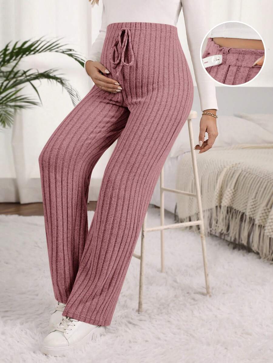 SHEIN Maternity Solid Color Adjustable Waist Straight Leg Pants - Dusty Pink - View 1