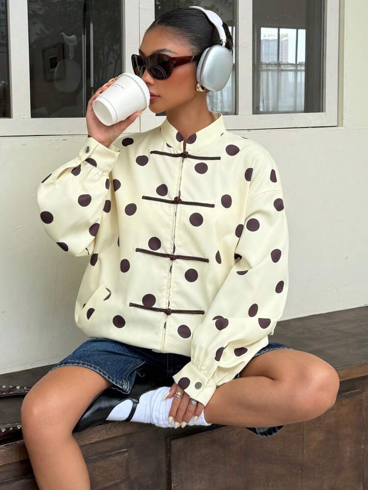 Muchica Women's Woven Long-Sleeved Jacket In A Pale Yellow-Brown Polka-Dot Pattern, Featuring Chinese-Style Knotted Button Closures. - Pale Yellow - View 7