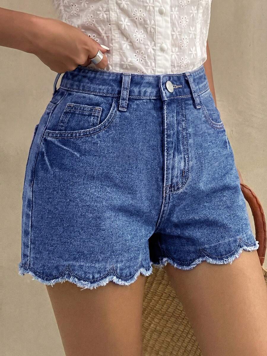 SHEIN Tween Girls' Summer Casual Denim Shorts With Shell Trim - Dark Wash - View 1