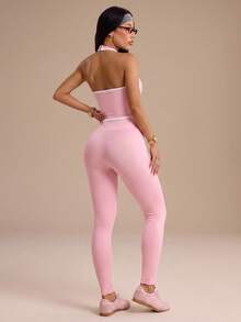Sweetra 2pcs Solid Color Tank Top & Cropped Women's Sports Set - Pink - View 5