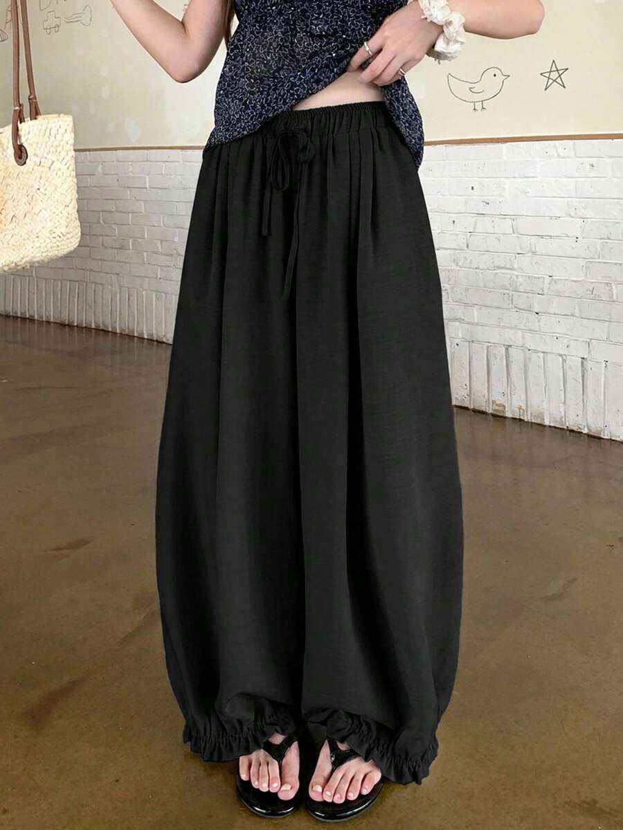 DAZY Solid Color Loose Lantern Pants Cropped Length Casual Vacation Summer Women's Long Pants - Black - View 1