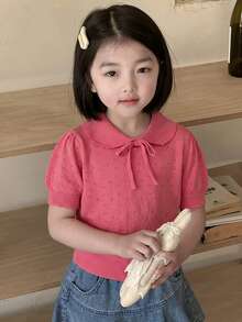 Dazy Kids 女童荷叶边领短袖毛衣 - 玫瑰紅 - 查看 2