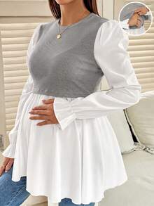 SHEIN 孕婦拼色圓領長袖休閒哺乳上衣 秋季 - 灰色 - 查看 3