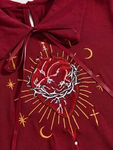 ROMWE Dark Gothic Red Heart Embroidered Pattern Women's Short Dress - Burgundy - View 3