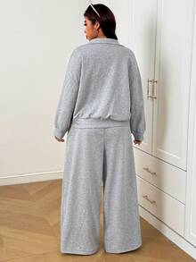 SHEIN EZwear Plus Size Women's Equestrian Pattern Long Sleeve Top And Pants Casual Daily Outfit Fall - Grey - View 3