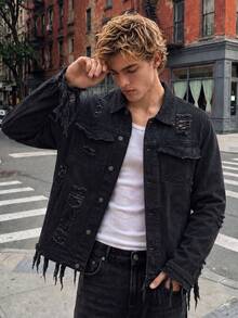Manfinity EMRG Men's Single-Breasted Tassel Design Casual Daily Denim Jacket - Black - View 6