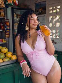 Bellisia Plus Size Women's Striped Front Tie Sexy One-Piece Swimsuit For Vacation - Pink - View 5