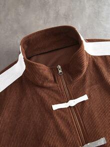 PAVTROS Men's Colorblock Patchwork Frog Button Jacket - Coffee Brown - View 6