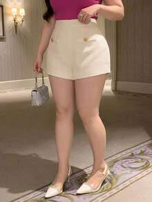 Dazy Plus Semi-Elastic Waist Elegant Fitted White Versatile Spring/Autumn Thick Shorts - Apricot - View 6