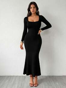 Almamuse Women's Long Bodycon Dress, Square Neck, Flare Sleeve, Black Knit Dress Fall Cloth For Women - Black - View 4