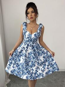 Fine & Folde Women Elegant Daily Refresh Blue Floral Bustier A-Line Cami Dress - Blue - View 6
