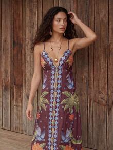 CAJUNI 女款度假金剛鸚鵡與棕櫚樹刺繡洋裝 - 酒紅色 - 查看 5