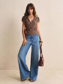 Poéselle Women's V-Neck Plaid Casual Versatile Daily Wear Shirt - Coffee Brown - View 7