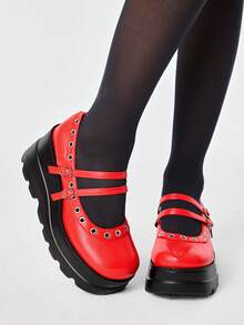 ROMWE Women's Red Multi-Pocket Punk Gothic Mary Jane Shoes, JK Style Leather Thick Sole Loafers Fall Shoes - Red matte - View 1
