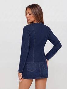 Avantive Women's Long Sleeve Front Button Fashion Denim Top - Dark Wash - View 3