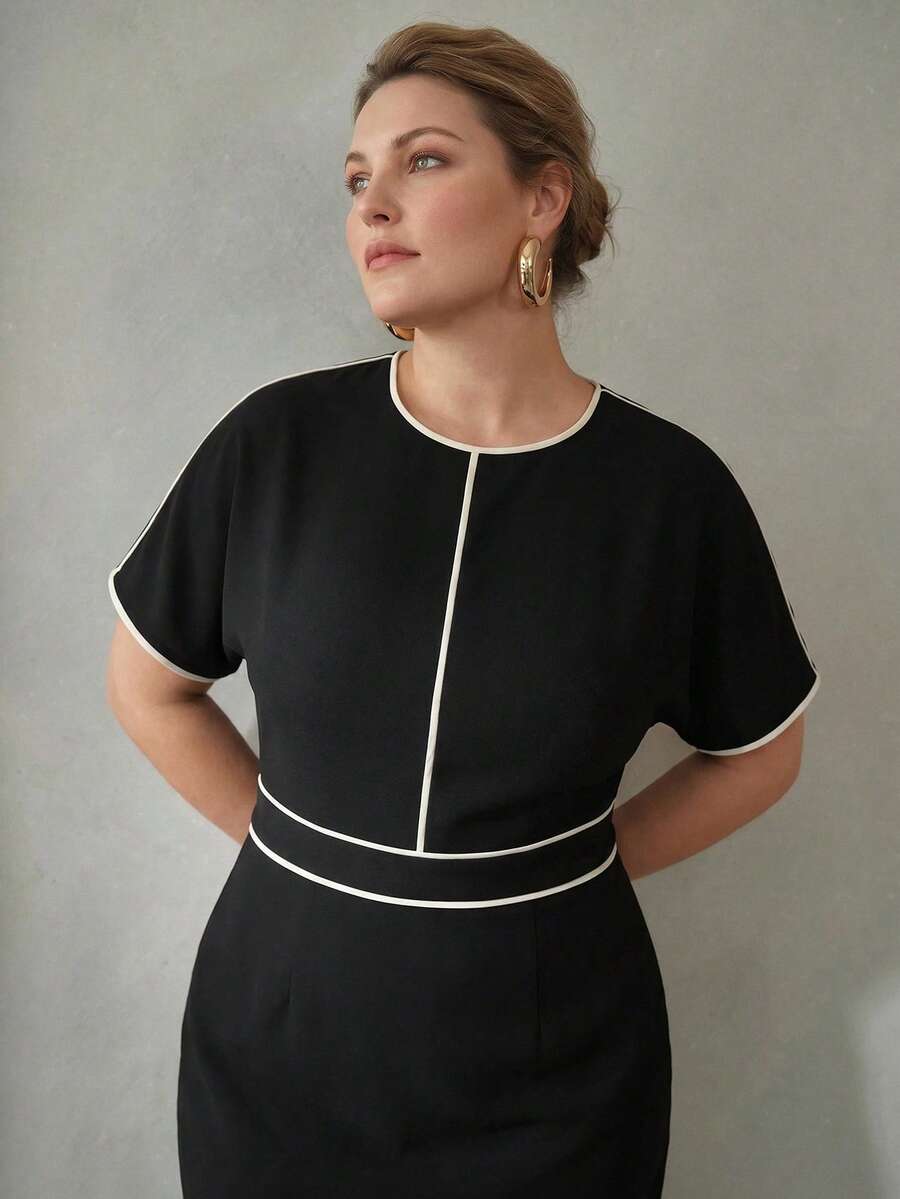 MOTF PREMIUM PLUS SIZE ELEGANT BLACK & WHITE CONTRAST TRIM DESIGN WOMEN MINIMALIST PRACTICAL MID-LENGTH DRESS - Black and White - View 2