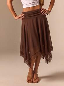 Athîral Falda elegante de mujer de gasa marrón con ribete de encaje, dobladillo asimétrico y volantes, ropa de verano y otoño, para salir, citas, falda marrón, maestra, concierto country, vaquera - Café integral - Ver 3