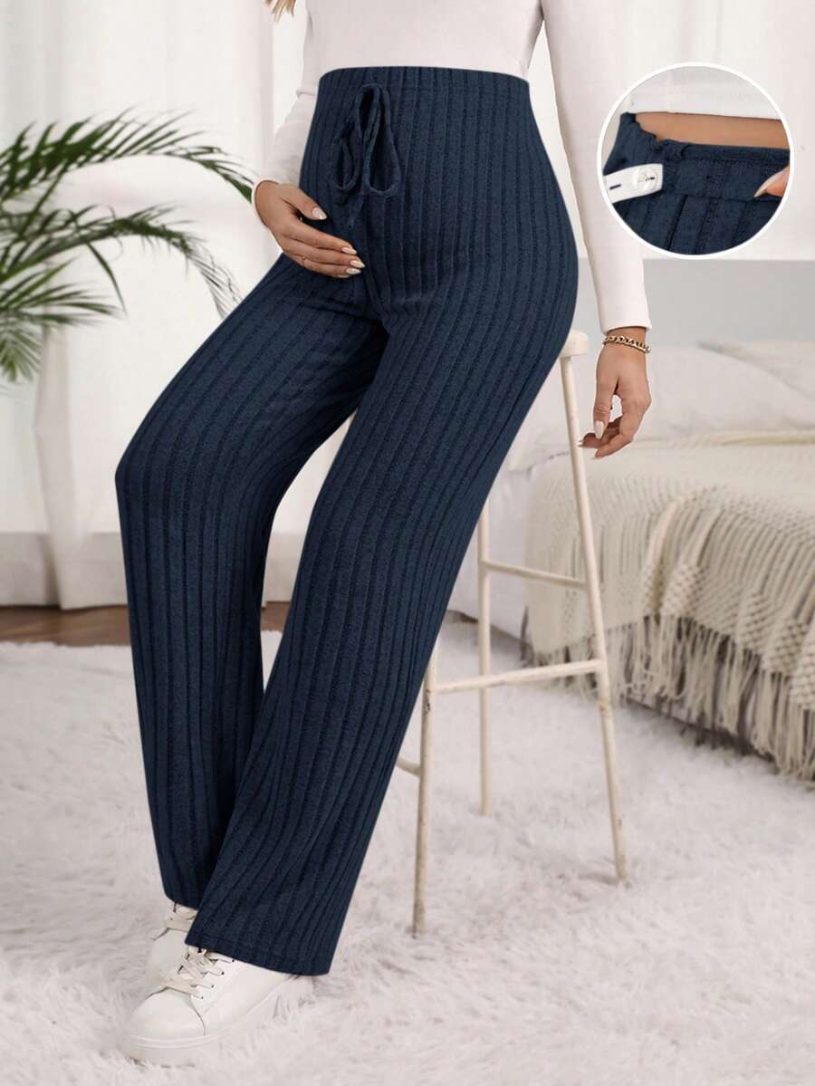 SHEIN Pantalones de pierna recta de unicolor versátiles y casuales para maternidad - Azul Marino - Ver 1