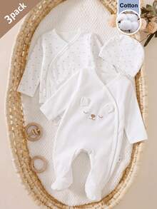 3-Piece Newborn All-Season Homewear Set, Bear Embroidered 3D Ear Footed Romper, Khaki Polka Dot Romper & Hat, Baby Gift - White - View 8
