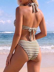 SHEIN Holidaya Set Bikini Dua Potong Wanita Motif Garis Hitam Putih Gaya Boho Tropis Musim Semi/Panas untuk Liburan, Pesta Kolam Renang, dan Pantai - MultiWarna - View 2