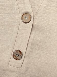 Balvessa Notched V-Neck Half-Button Loose Casual Versatile Long Sleeve Women's Shirt - Khaki - View 4