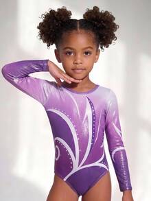 SHEIN Young Girls Activewear Purple Ombre Shiny Leotard, Long Sleeve Bodysuit, Autumn Winter, Training & Competition Fall Winter, Back To School, Dance, Gym - Purple - View 5
