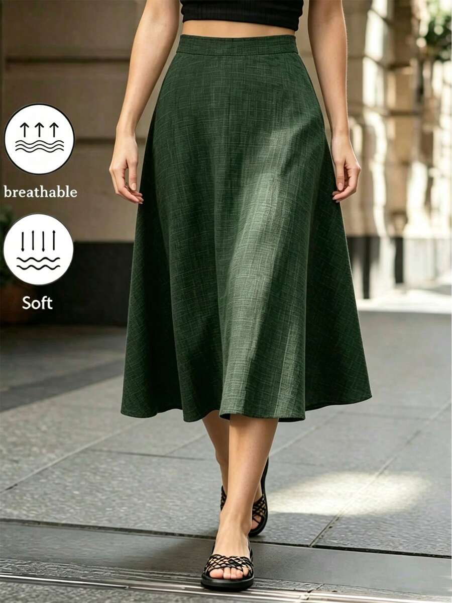 SHEIN Clasi 大尺碼女款 A 字版梭織灰色中長裙 春季亞麻優雅休閒裙 秋季 - 綠色 - 查看 1