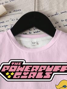 THE POWERPUFF GIRLS X SHEIN 女童字母卡通印花休閒日常短袖T恤 - 白色 - 查看 3