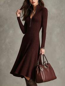 LUMIGAL Gaun Rajut Kasual Wanita Lengan Panjang Warna Polos dengan Resleting Depan - Coklat - View 4