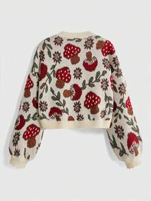 ROMWE Fairycore Cardigan de punto de manga larga con un solo botón, diseño de hongo lindo, talla grande para mujer, suéter de otoño e invierno - Albaricoque - Ver 2