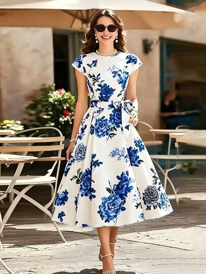 EMERY ROSE Women's Floral Print Round Neck Short Sleeve Midi Dress, Summer