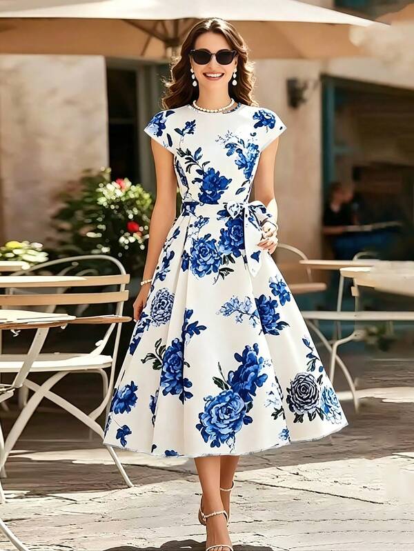 EMERY ROSE Women's Floral Print Round Neck Short Sleeve Midi Dress, Summer