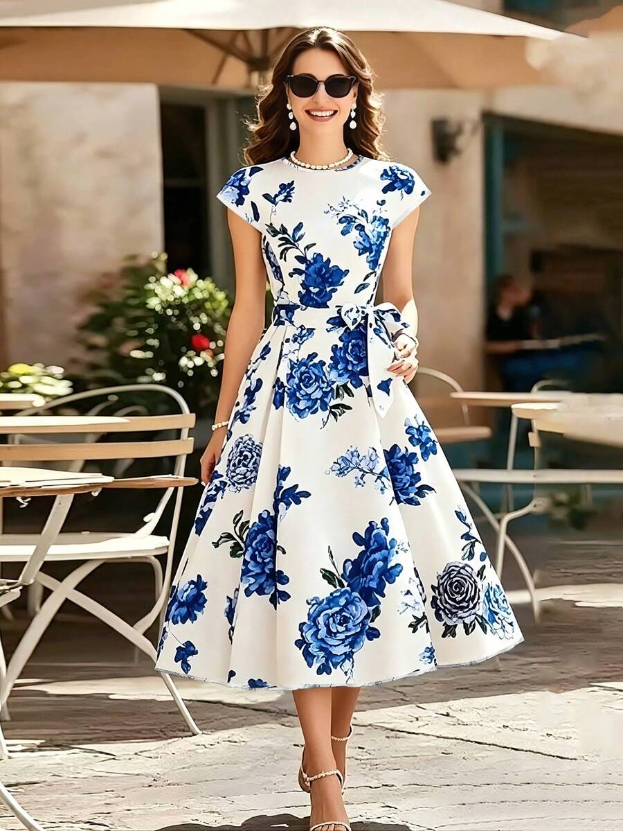 EMERY ROSE Women's Floral Print Round Neck Short Sleeve Midi Dress, Summer - Multicolor - View 1