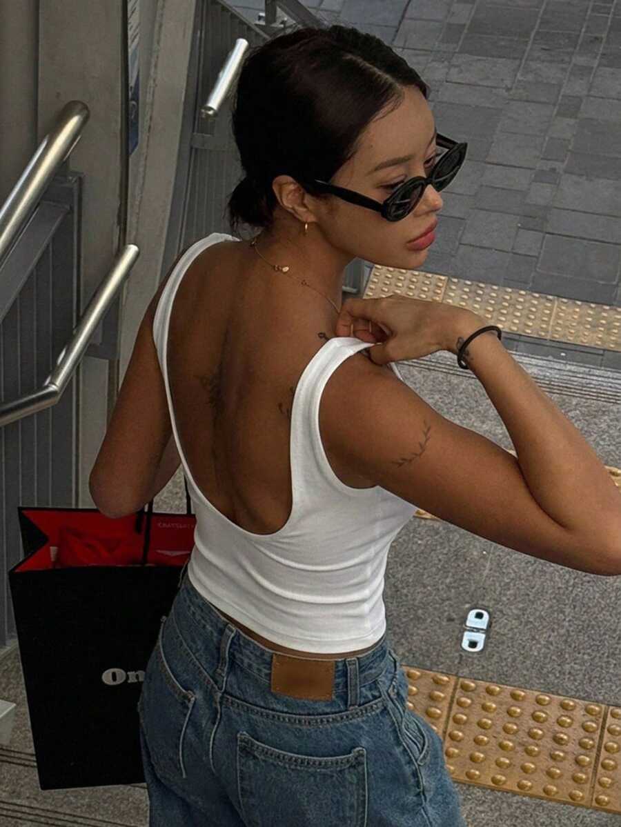 DAZY Women's Solid Color Square Neck Fitted Casual Versatile Tank Top - White - View 1