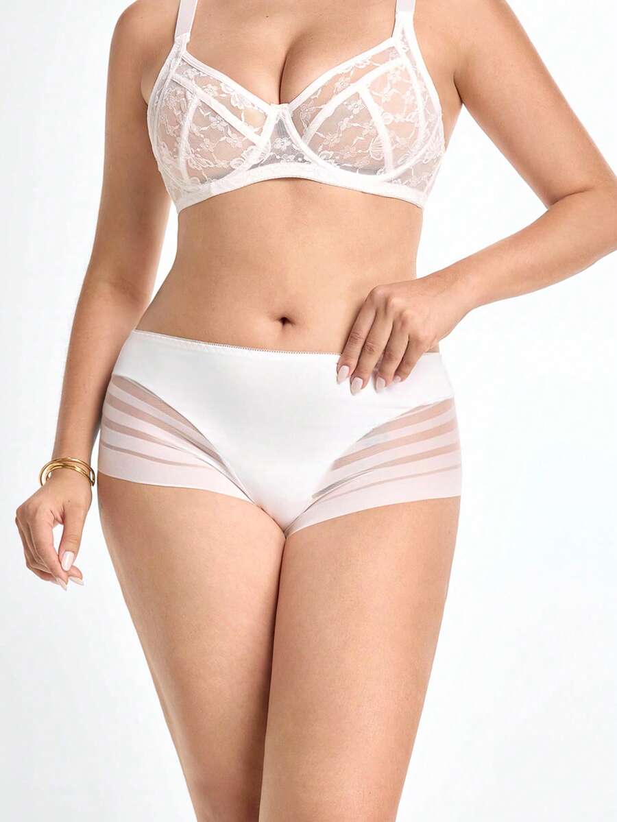 Slumbrini Plus Size Solid Color Sheer Minimalist Panties - White - View 1